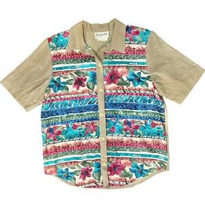 Vintage 90s Brown Floral Striped Short Sleeve Collared Button Down Shirt size M